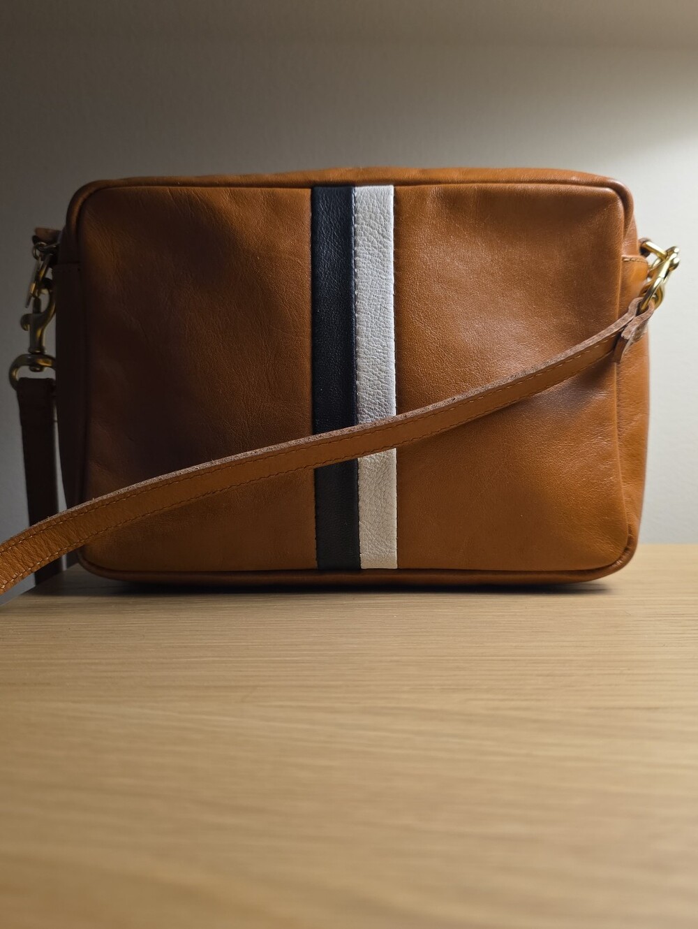 Leather Crossbody Bag with Black and White Stripe - Brown